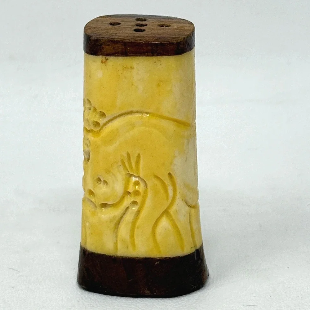 Bone Carved Salt Pepper Shaker Set Rhino Water Buffalo Wood  3
